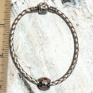 Pandora Sterling Silver Braided Leather Bracelet With Floral Pink Enamel Charm